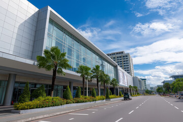 Modern architecture shines under clear blue sky at city location