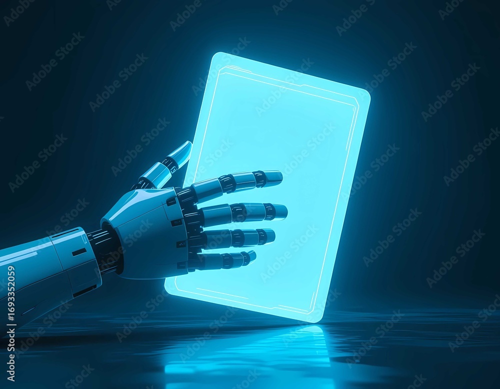Poster digital folder held by robot showcases machine learning technology innovation
