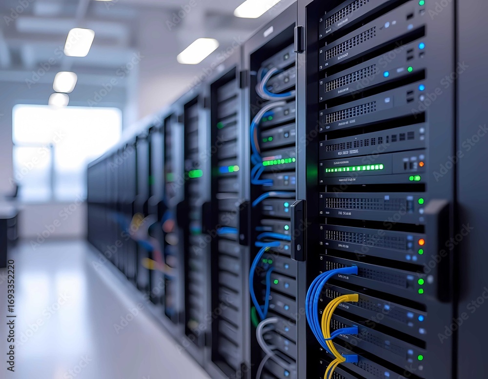 Poster a striking image of technology and connectivity, this server room highlights a complex network syste