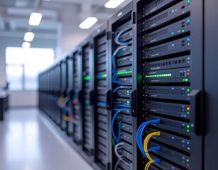 Fototapeta premium A striking image of technology and connectivity, this server room highlights a complex network system