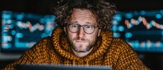 Fototapeta premium Navigating numbers and nutrition: a day in the life of a financial coordinator. Chic appearance. Early start: data analyst reviews graphs during breakfast at home workspace. Rich texture.