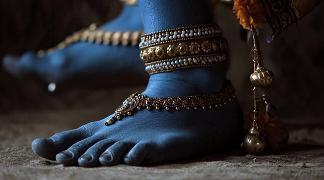Close up of blue feet adorned with golden anklets and floral garland in a dimly lit setting
