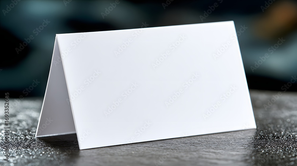 Poster a blank, white sign, angled on a dark, speckled surface, presents a versatile backdrop for custom te