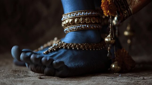 Close up of blue painted feet adorned with gold anklets and decorative tassels in soft lighting