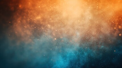 Obraz premium Blurred background with abstract blue-orange-brown gradient—grainy texture (evokes space journey camera view); vastness depth, dust particles/light rays (subtle details), ethereal quality