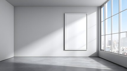 Obraz premium A modern, minimalist interior space with a large window showcasing a cityscape.