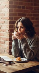 Woman drinking coffee by a brick wall with a laptop croissant and phone on a wooden table indoors near window
