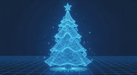 A Digitally Rendered Blue Glowing Christmas Tree Appears As A Hologram With A Star On Top Against A Dark Blue Grid Background Representing Technology And The Future Of The Holidays
