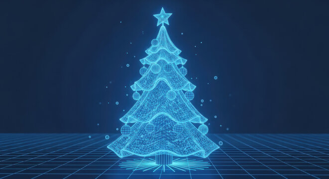 A Digitally Rendered Blue Glowing Christmas Tree Appears As A Hologram With A Star On Top Against A Dark Blue Grid Background Representing Technology And The Future Of The Holidays