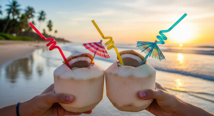 Cheers to a beautiful sunset with refreshing coconut drinks on a tropical beach paradise vacation