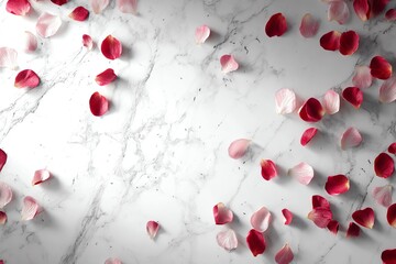 white marble background adorned with scattered red and pink rose petals, romantic, luxurious, and timeless design backdrop for love themes, weddings, invitations