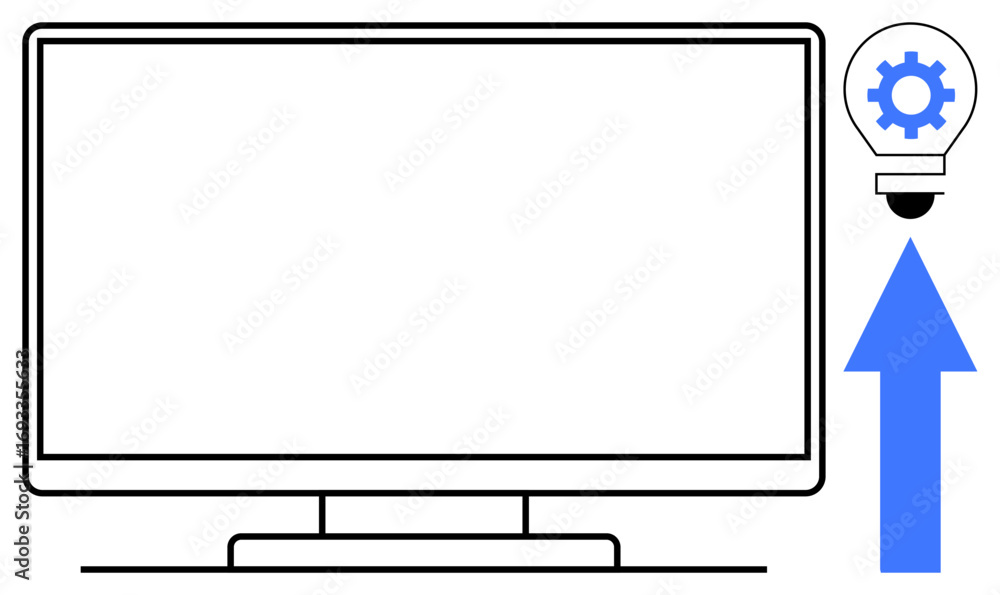 Poster large computer monitor alongside light bulb with gear inside and upward pointing arrow representing 