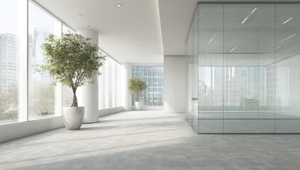 Obraz premium Modern office hallway with city views (1)