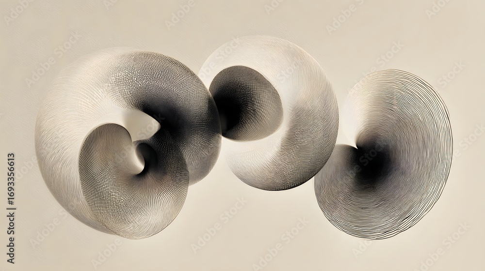 Poster abstract composition of three interconnected, swirling forms in muted tones of gray and beige, evoki