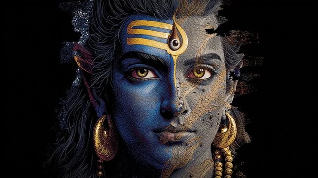 Close up of a face split in half with blue and gold colors on a black background in portrait art