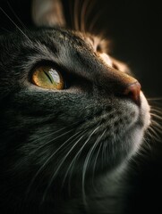 Mysterious feline portrait of cat with glowing golden eyes in close up, representing nocturnal animal style, elegant pet photography, feline grace, mysterious atmosphere, and animal portrait art
