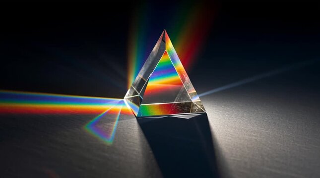 Crystal prism refracting light into a spectrum of colors on a dark surface creating a rainbow effect
