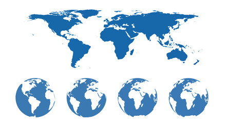 Detailed vector illustration of a world map featuring continents and globe icons, ideal for educational resources and global business presentations, with a clean design.