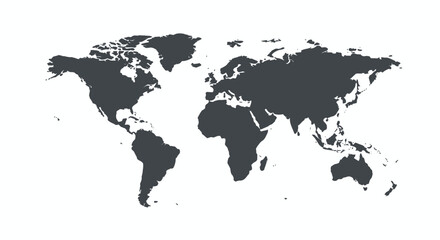 Obraz premium A stylized, dark gray vector silhouette of the world map displayed against a clean white background, perfect for global concepts.