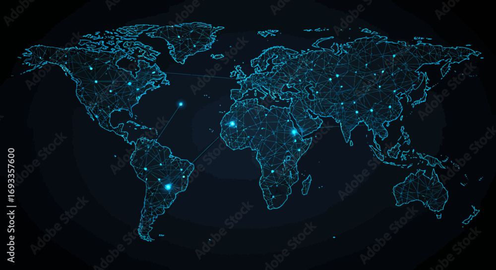 Poster an abstract world map design featuring connected dots and lines, creating a digital network visualiz