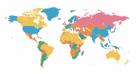 Colorful world map illustration with countries divided by distinct colors, presented as a clean vector graphic on a white background.