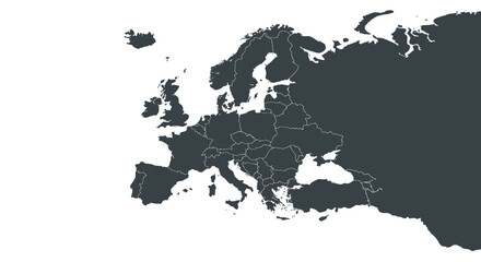 High-detail vector world map showcasing Europe's countries in dark gray PNG format, ideal for presentations, reports, and educational materials, offering a clean and professional aesthetic.
