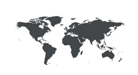 Naklejka premium A simple, dark gray vector illustration of a world map on a white background, perfect for travel, geography, and educational projects, available as a transparent PNG.
