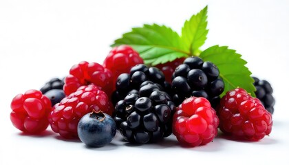 A colorful assortment of fresh berries including raspberries blackberries and blueberries on white background