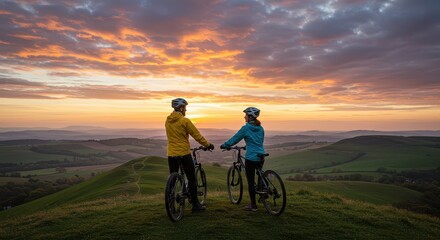 Fototapeta premium Sunset Cycling Couple's Reverie: A couple of cyclists pauses atop a hill, bikes at the ready, gazing at the vibrant sunset that paints the sky in warm hues.