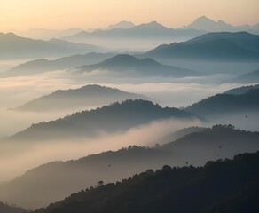 Obraz premium Layers of misty mountains at dawn with birds flying, dreamy natural landscape, soft pastel tones, serene and majestic.