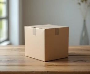 Simple cardboard box closed on wooden table, natural light, symbol of packaging and delivery, minimal design.