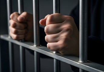 Close-up of hand gripping prison bars, symbol of captivity, confinement and restriction, dramatic emotional concept.