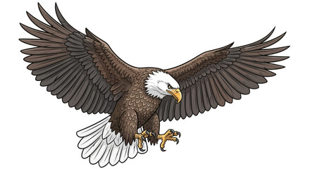 Obraz premium A majestic bald eagle with its wings spread wide, captured in mid-flight with sharp talons extended.