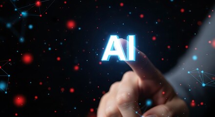 Hand activating glowing AI interface in futuristic digital network with data points