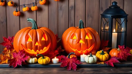 Obraz premium Two glowing carved halloween pumpkins with autumn leaves and a lantern