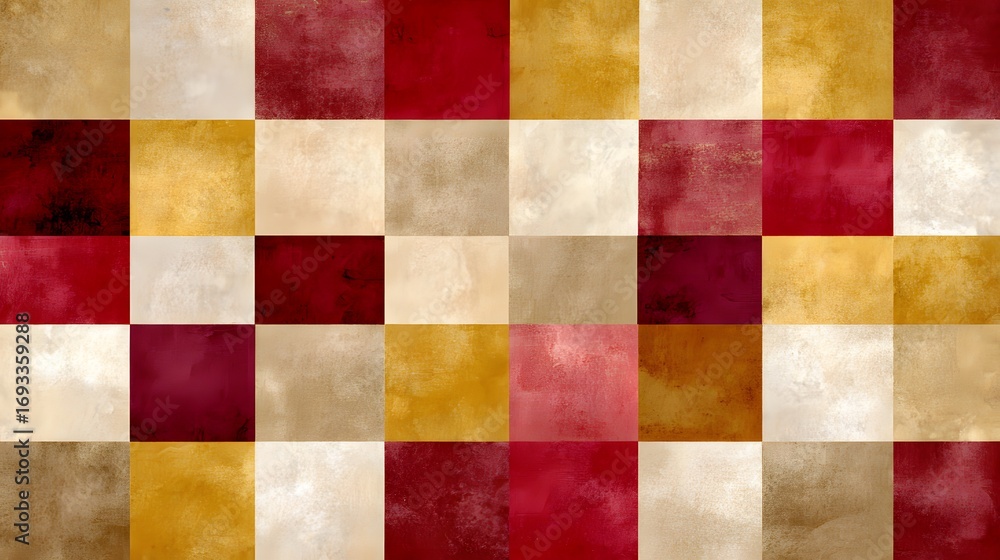 Poster a striking design featuring a repeating pattern of squares in warm, rich colors, creating a visually