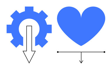Gear with downward arrow beside a heart balance scale. Ideal for decision-making, engineering, innovation, teamwork, well-being, balance concepts, simple landing page