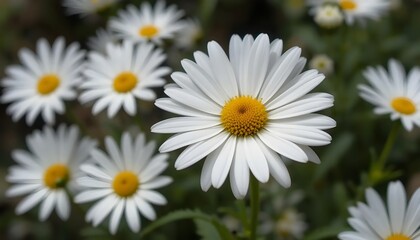 Obraz premium Fresh white daisy flowers in bloom, delicate petals, symbol of purity and innocence, soft natural background.