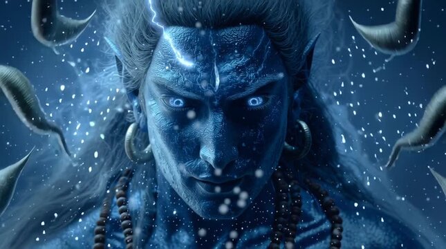 Close up of a blue skinned man with glowing blue eyes and lightning around his face and head