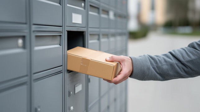Hand placing parcel box into secure metal mailbox for delivery service