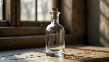 Transparent glass bottle with cork lid, placed against a soft background, minimal product photography, clean and modern design.