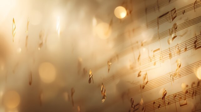 Golden musical notes float against a soft, warm background of blurred music sheets, creating a serene and uplifting artistic composition.
