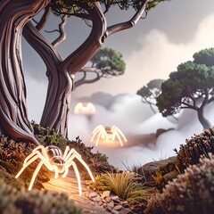 Misty forest path with glowing spiders
