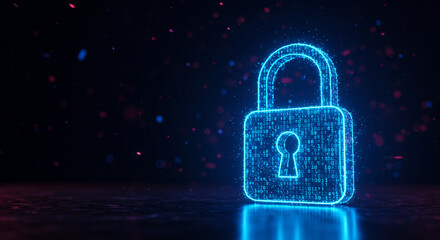 Glowing digital padlock representing data security and protection in a futuristic environment