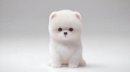 Adorable fluffy white Pomeranian puppy sitting calmly on a minimalist white background with soft lighting and a serene expression