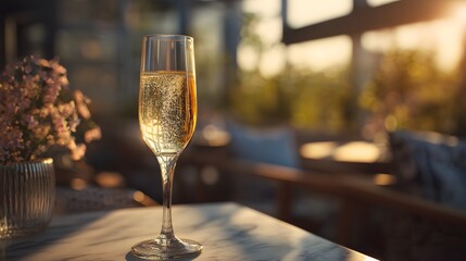 Champagne flute filled with golden bubbly drink on outdoor table at sunset with soft sunlight and blurred garden background
