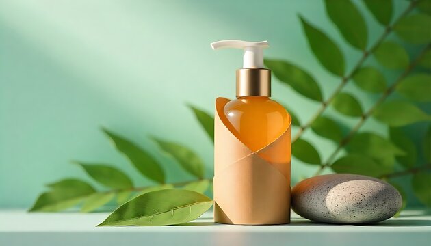 Natural organic skincare serum bottle with leaf and stone, clean spa aesthetic, serene wellness.