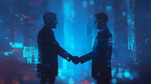 Two businessmen shaking hands in a futuristic digital cityscape with glowing blue data streams and cybernetic background effects symbolizing technology partnership and innovation