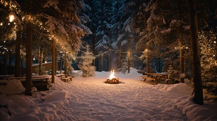 Enchanted Christmas Forest Night | Warm Lights & Cozy Bonfire