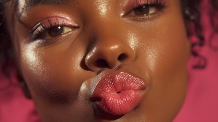 Close-up portrait of a beautiful African American woman with radiant skin, bold pink lipstick, and expressive eyes making a playful kiss gesture against a vibrant pink background